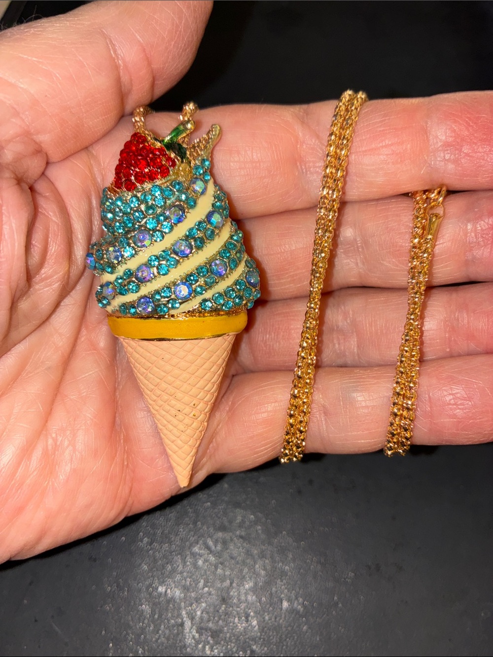 Gold-Tone Aqua & Red Crystal Ice Cream Pendant/Brooch Necklace